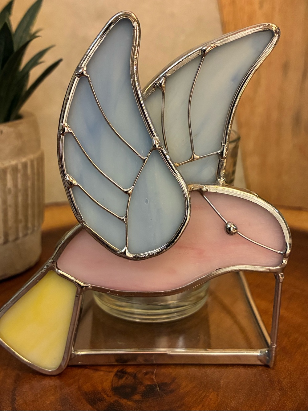 Stained Glass Bird Tealight Holder in Pink and Light Blue